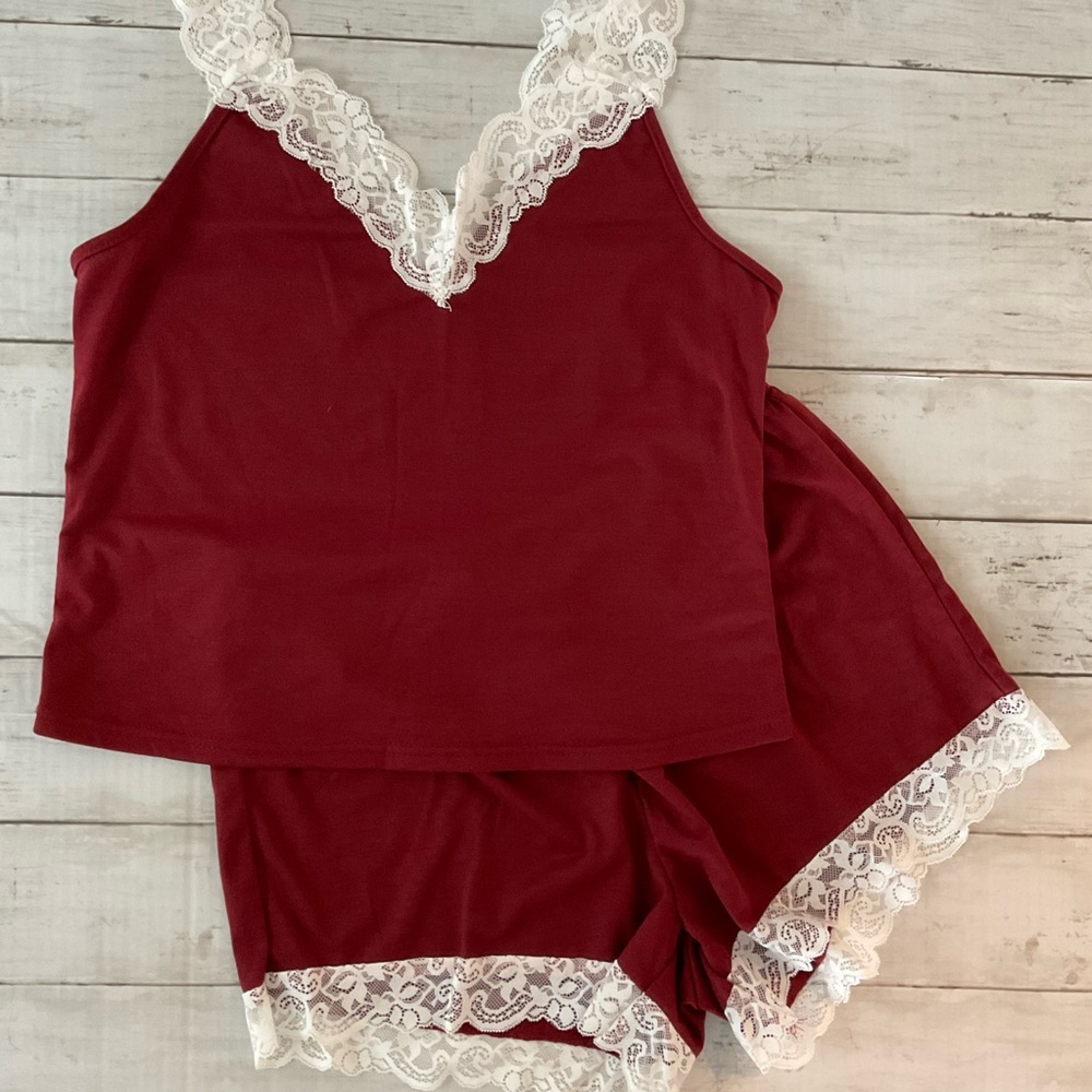 Women's Lace Trim Sleepwear Set Red, soft knit fabric, soft lace. Elastic waist